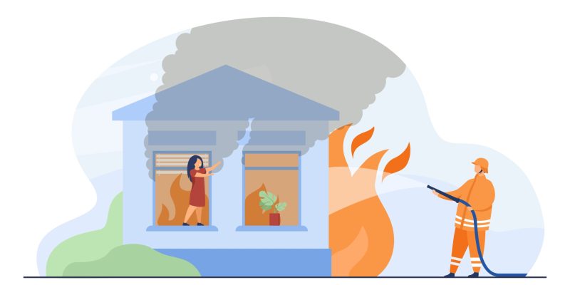 Professional firefighter extinguishing fire in house. Girl, window, flame flat vector illustration. Firefighting and emergency service concept for banner, website design or landing web page