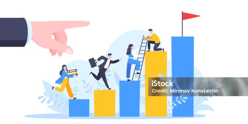 Business mentor helps to improve career and holding stairs steps vector illustration. Mentorship, upskills and self development strategy flat style design business concept.